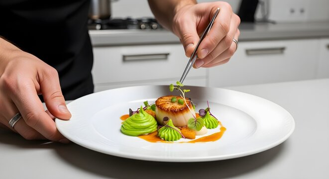 A creatively reimagined version of minimalist scene: male hands plating gourmet dish, elegant white plates, modern kitchen, focus on culinary presentation, emphasizing style, visual interest, and refi