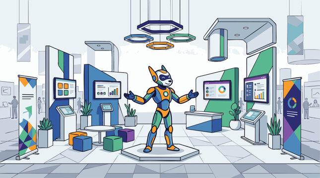 Vibrant futuristic trade show booth with isometric superhero mascot and sleek tech displays, concept for event planning, corporate marketing, and exhibition stand design