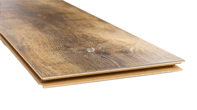 Two stacked laminate flooring planks showcase a realistic wood grain pattern and layered construction on a white background