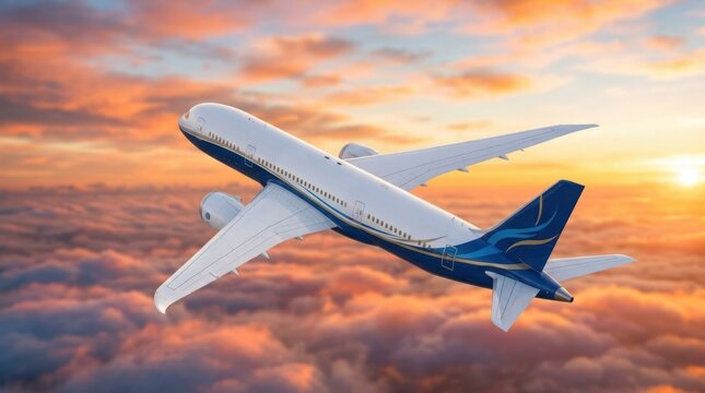 Luxury passenger aircraft soaring through vibrant sunset clouds over mountain peaks.