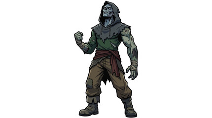 Fototapeta premium A powerful zombie character stands ready for action, showcasing a rugged appearance with detailed textures and a dark, menacing color palette that enhances its fierce demeanor.