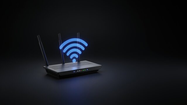 Wireless router with glowing blue wifi symbol, high speed internet connection device, modern network hardware on dark background