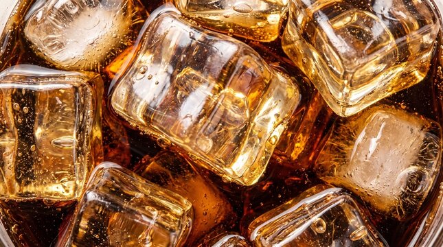 Close Up Top View of Fresh Cola Drink with Ice Cubes