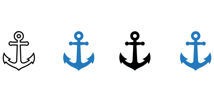 Set of marine anchor icons in different styles, black and blue nautical symbol illustrations.