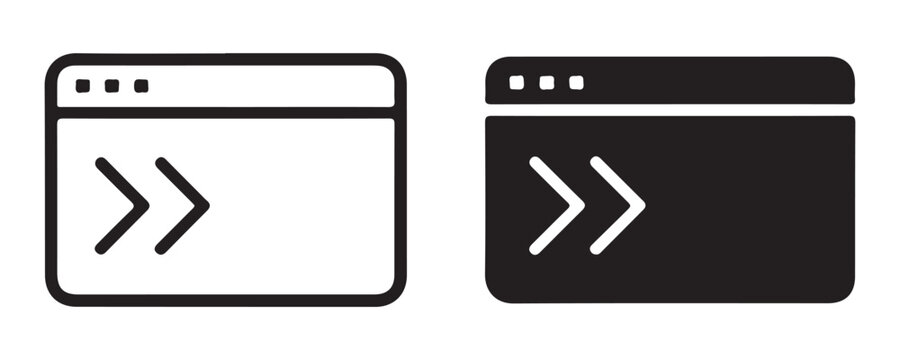 Black line browser window icon with fast forward arrows symbolizing multimedia control and speed.