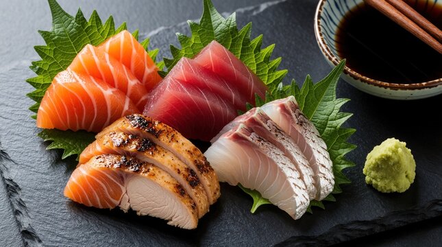 Fresh sashimi platter with salmon, tuna, white fish slices on green leaves. Assorted raw seafood served on dark stone plate with soy sauce, wasabi. Gourmet Japanese cuisine meal for healthy diet