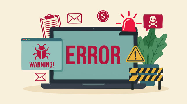 Laptop with Error Message, Cyber Security Threats, and Digital Danger