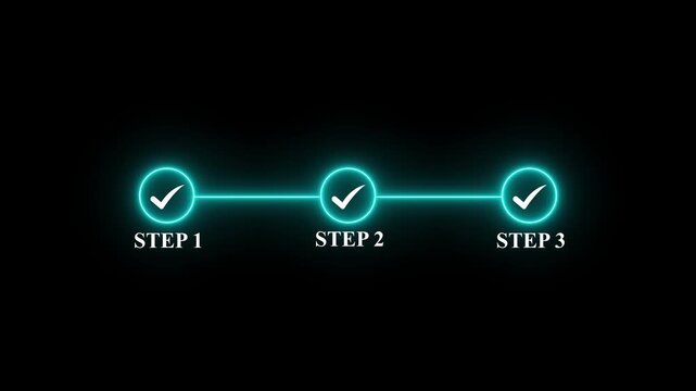 neon 3 step infographic process with check mark icon. infographic step by step process icon animation on black background, step process success with check marks. Step-by-Step Guide.4k video