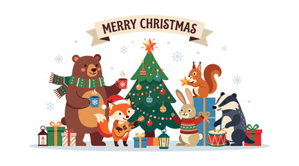 Naklejka premium Cute Woodland Animals Celebrate Christmas with Decorated Tree