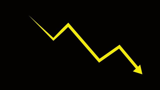 Yellow financial line graph declining with downward arrow on black background, finance business economy
