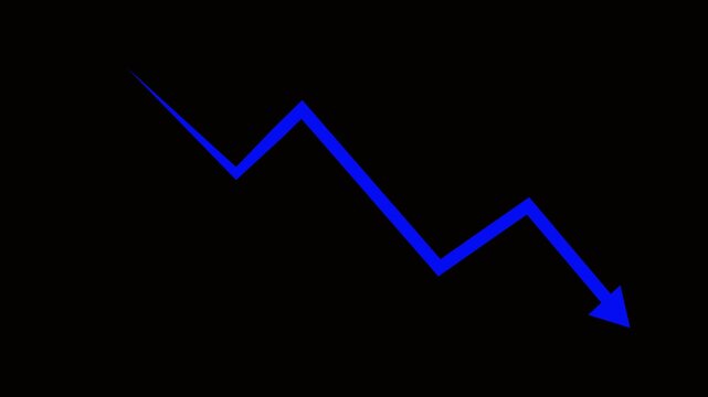 Blue financial line graph declining downward trend animation on black background, arrow business chart