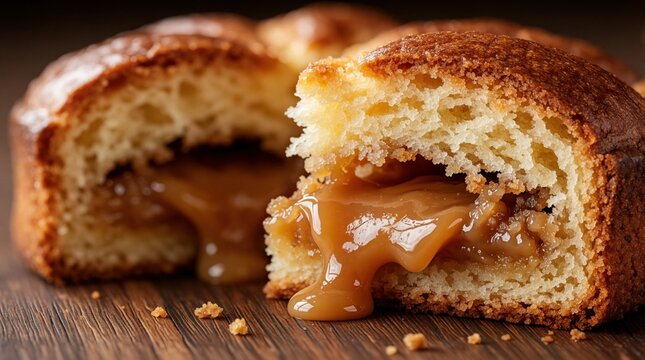 Delicious nusstorte pastry with melted caramel filling on wooden table. Sliced golden cake shows creamy center. Sweet homemade dessert for coffee break bakery menu. Tasty baked treat with rich