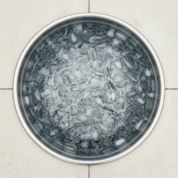 Overhead view of a cold plunge tub surface with floating ice and even light throughout