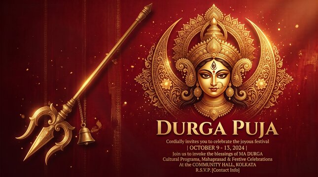 Durga puja 2024 invitation with golden goddess durga and trishul