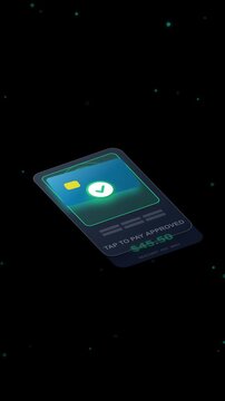 Looping vertical 3D isometric animation of a credit card tapping a POS terminal reader with NFC wave and a payment approved checkmark on transparent background.
