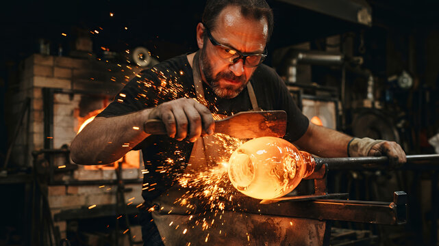 Professional glassblower shaping molten glass with tools in a dark workshop with flying sparks