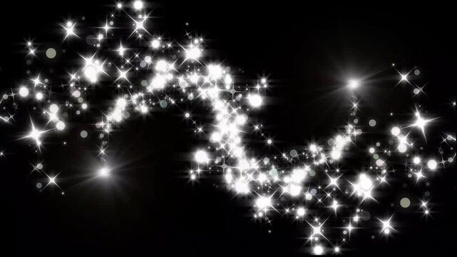 Magical white sparkle trail flying in a dynamic spiral path with glowing light dust particles and bright glittering stars isolated on pure black background for luxury transition.
