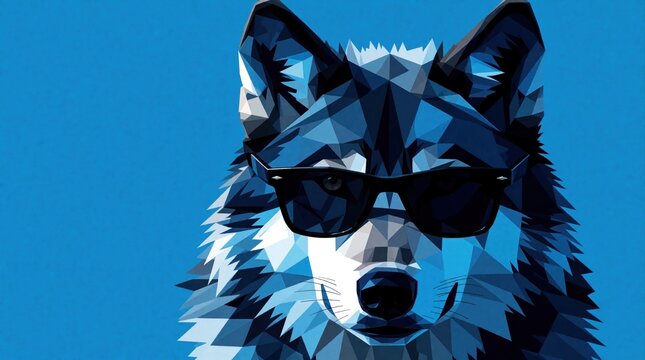 Cool wolf wearing black sunglasses in low poly style. Stylized animal portrait with geometric shapes on blue background. Modern digital art for trendy graphic design, mascot, poster. Wild predator