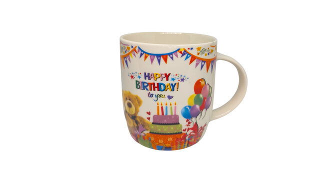 Colorful happy birthday coffee mug with teddy bear and balloons isolated png
