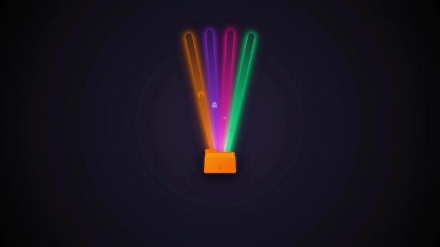 Halloween Minimalist 4K Motion Graphic of an Orange Folder Projecting Colorful Neon Light Beams with Floating Halloween Icons on a Dark Background
