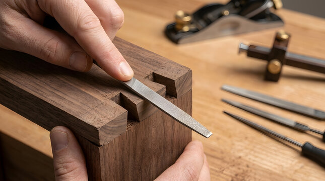 Filing Dovetail Joint with Precision Hand File | Cabinetmaker Fitting Dovetail Woodwork | Fine Woodworking Joint Assembly