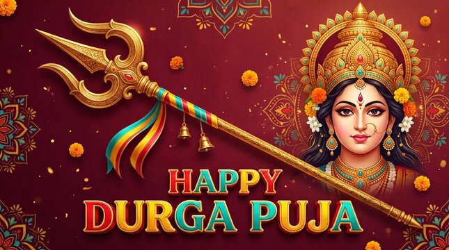 Happy durga puja festival greeting with goddess durga and trishul