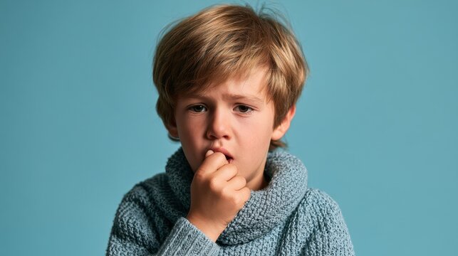 Worried anxious young boy feeling scared stressed with hand near mouth wearing cozy knitted sweater against blue background