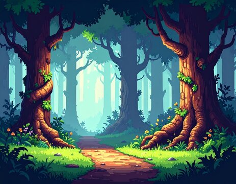 Pixel Art Forest Landscape with Big Ancient Trees Retro 8 Bit 16 Bit Game Background Woods Nature