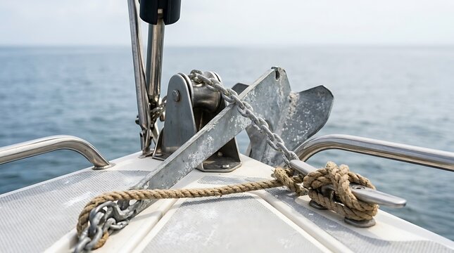 A close-up view of a metal boat anchor resting on the bow deck of a sailboat while sailing on the open calm ocean sea