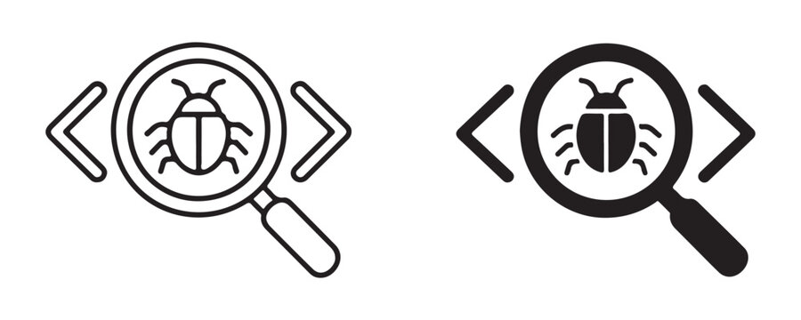 Bug testing outline and filled program code icons vector illustrations for web security optimization.