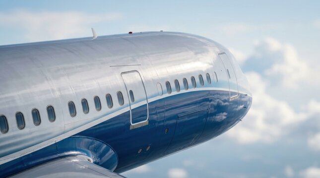 Close-up view of blue and silver airplane fuselage with windows.