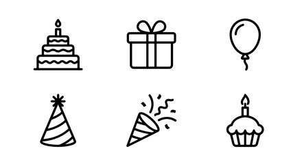 Fototapeta premium Birthday Icons Set: Cake, Gift, Balloon, Party Hat, Confetti Popper, Cupcake Vector Graphics