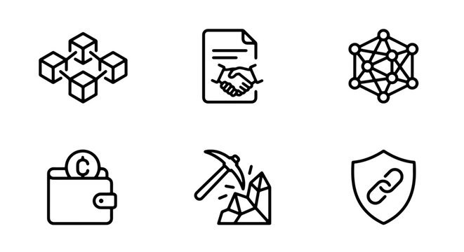 Blockchain Technology Icons: Digital Security, Cryptocurrency Wallet, Smart Contracts, Network Nodes
