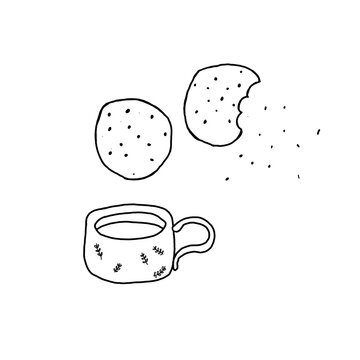 Cute hand drawn coffee cup with cookies doodle isolated on transparent background. Tea time snack line art vector illustration.