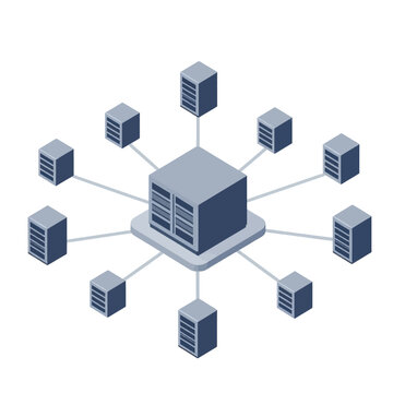 Isometric Illustration of Central Cloud Computing Server Network Connecting Multiple Distributed Data Storage Units in a Digital Information Technology Infrastructure Concept