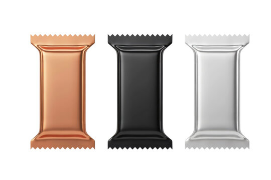 Three rectangular candy bar wrappers in metallic copper, matte black, and shiny silver foil finishes isolated on a transparent background