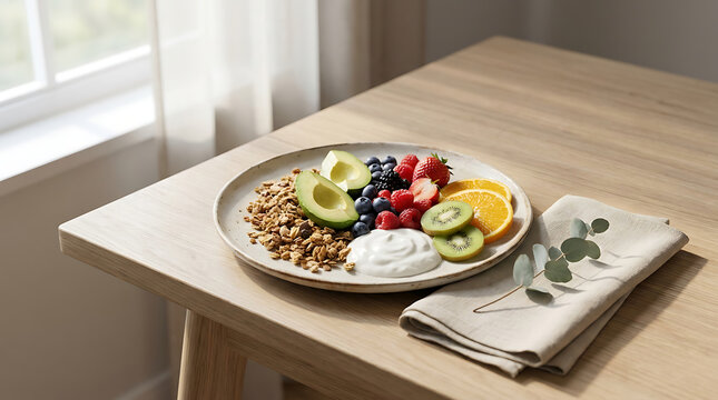 Healthy breakfast platter with granola yogurt berries sliced avocado kiwi and orange on wooden table by window.