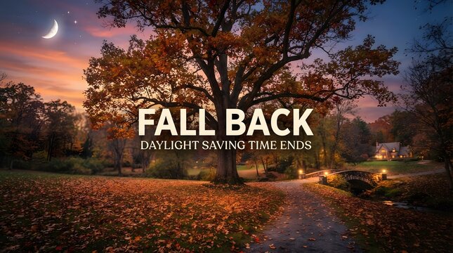 Fall back daylight saving time ends with a scenic autumn park landscape at sunset, crescent moon and fallen leaves