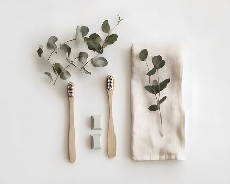 Bamboo toothbrushes flat lay with eucalyptus and natural towel