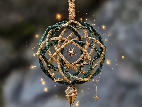 Woven twine and green cord hanging ornament with star pendant