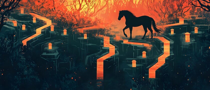 Silhouetted horse on glowing zigzag paths in surreal landscape
