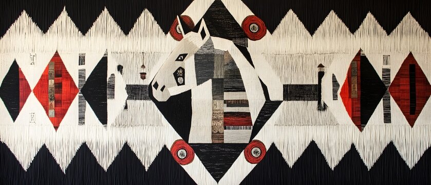 Woven textile wall hanging with stylized horse and geometric pattern