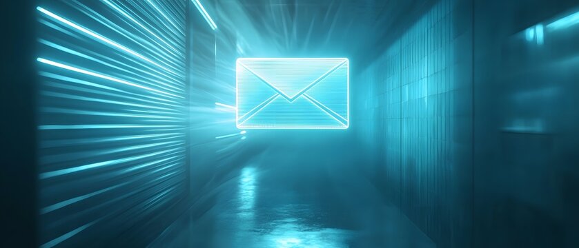 Glowing neon envelope icon in a futuristic blue corridor