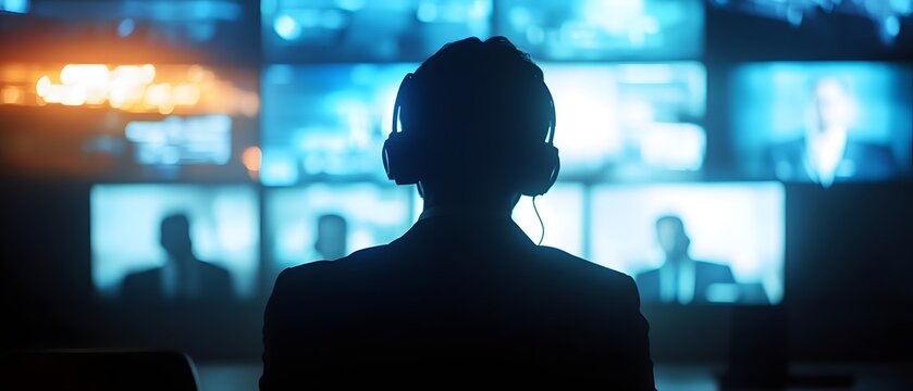 Backlit silhouette with headphones watching video wall in blue light