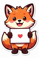 Fototapeta premium Cute orange cartoon fox character holds blank white card with red heart icon. Adorable funny animal sticker design for kids. Happy smiling woodland creature holds sign for message, love, valentine