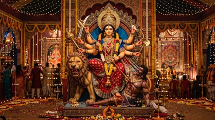 Obraz premium Traditional idol of goddess durga slaying mahishasura in a pandal