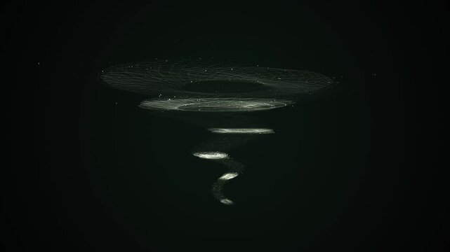 Glowing particle tornado vortex spinning in black space abstract motion background