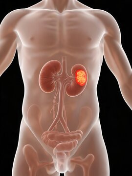Renal Cell Carcinoma 3D medical illustration displaying malignant tumor lesion within human kidney anatomy