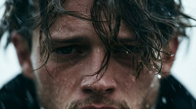 Dramatic close-up of a man standing in pouring rain as fierce wind hits his face