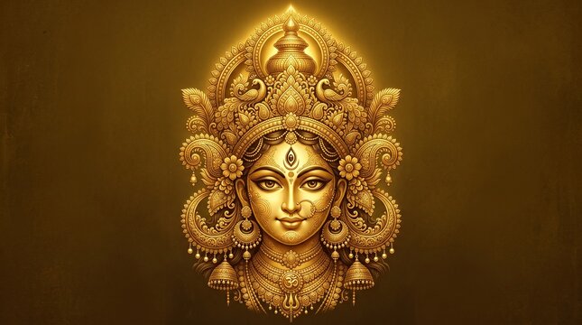 Golden portrait of goddess durga with ornate jewelry